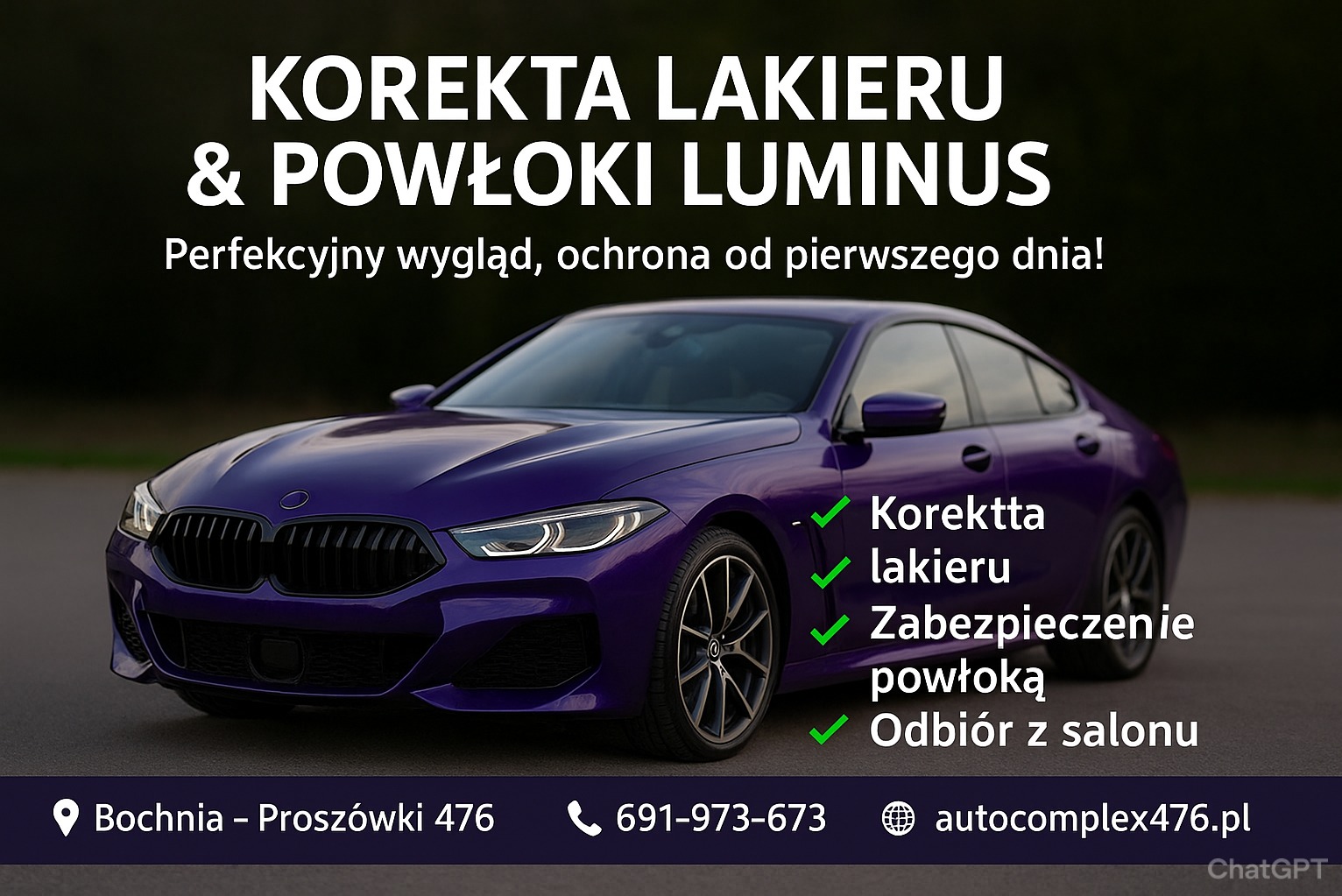 Lśniący, fioletowy samochód BMW po korekcie lakieru i zabezpieczeniu powłoką Luminus. Reklama usług z adresem i numerem telefonu w Bochni.
