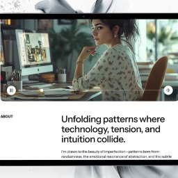 Łukasz Kmieć - Prezentacja projektu strony na tablecie: kobieta z długopisem, biurko z monitorem i materiałami. Minimalistyczny interfejs z tekstem o technologii i intuicji.