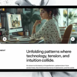 Prezentacja projektu strony na tablecie: kobieta z długopisem, biurko z monitorem i materiałami. Minimalistyczny interfejs z tekstem o technologii i intuicji.