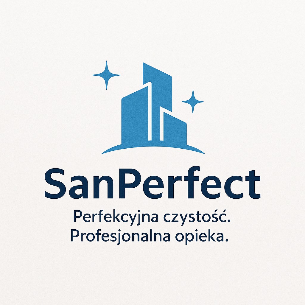 Logo firmy SanPerfect z motywem budynków i gwiazd, oferującej profesjonalną opiekę i perfekcyjną czystość, na jasnym tle.