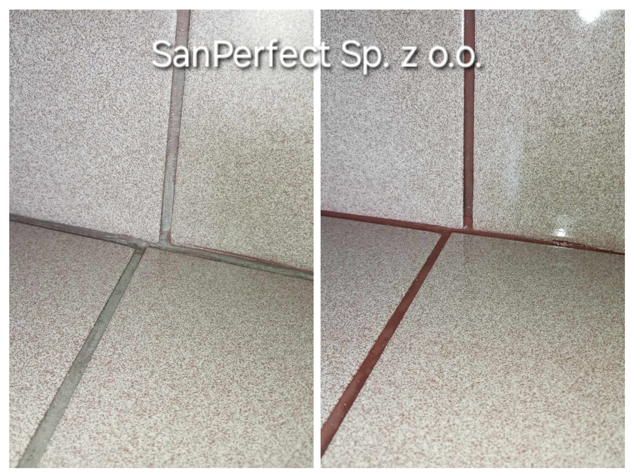 Zdjęcie 'przed i po' czyszczenia fug na podłodze z płytek. Po lewej brudne, szare fugi, po prawej czyste, brązowe fugi. Widoczne płytki w beżowym odcieniu.
