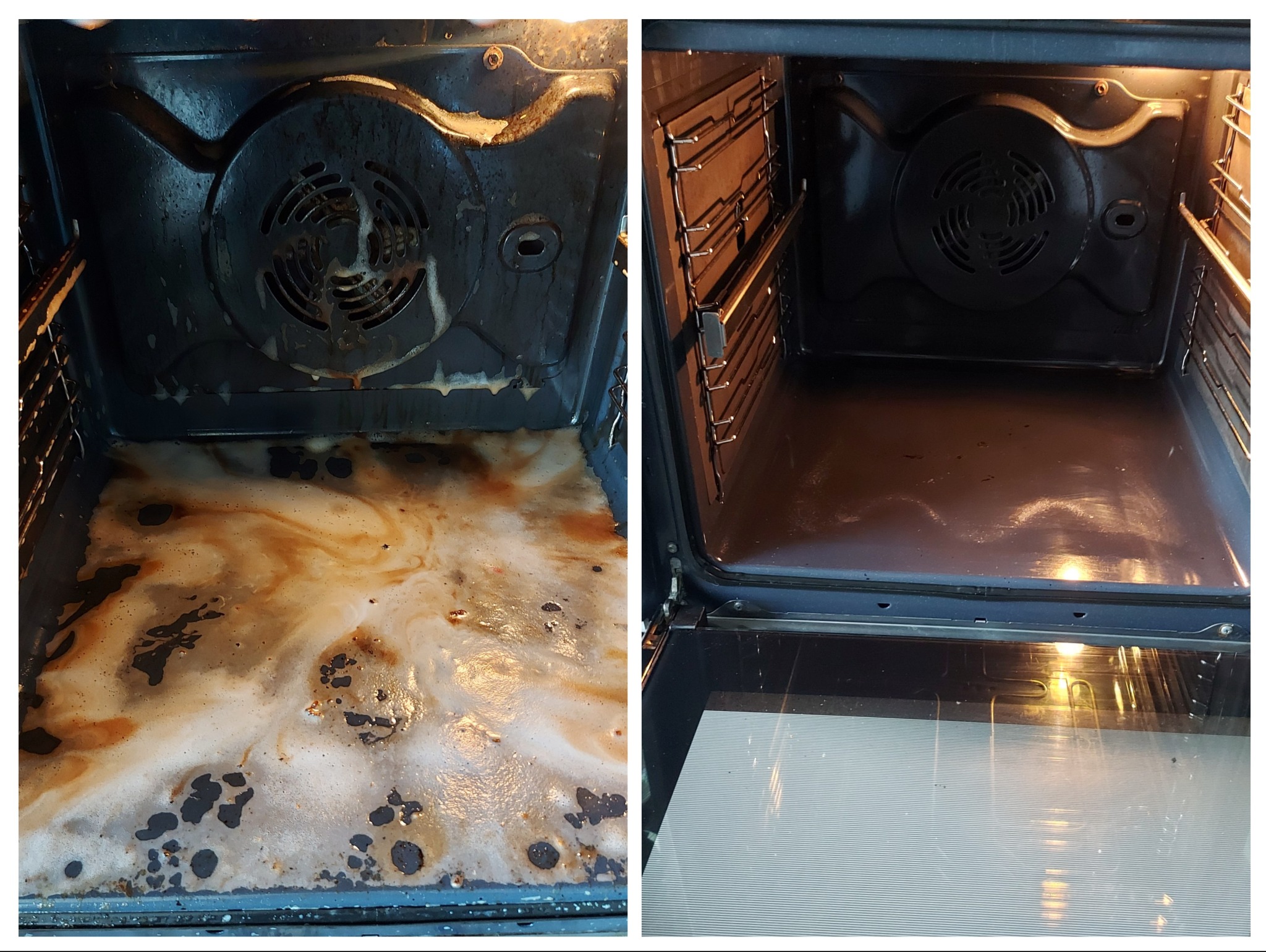 Zdjęcie 'przed i po' czyszczenia wnętrza piekarnika. Po lewej: silne zabrudzenia, po prawej: czysty piekarnik z metalowymi półkami. Widoczne oświetlenie wewnątrz.