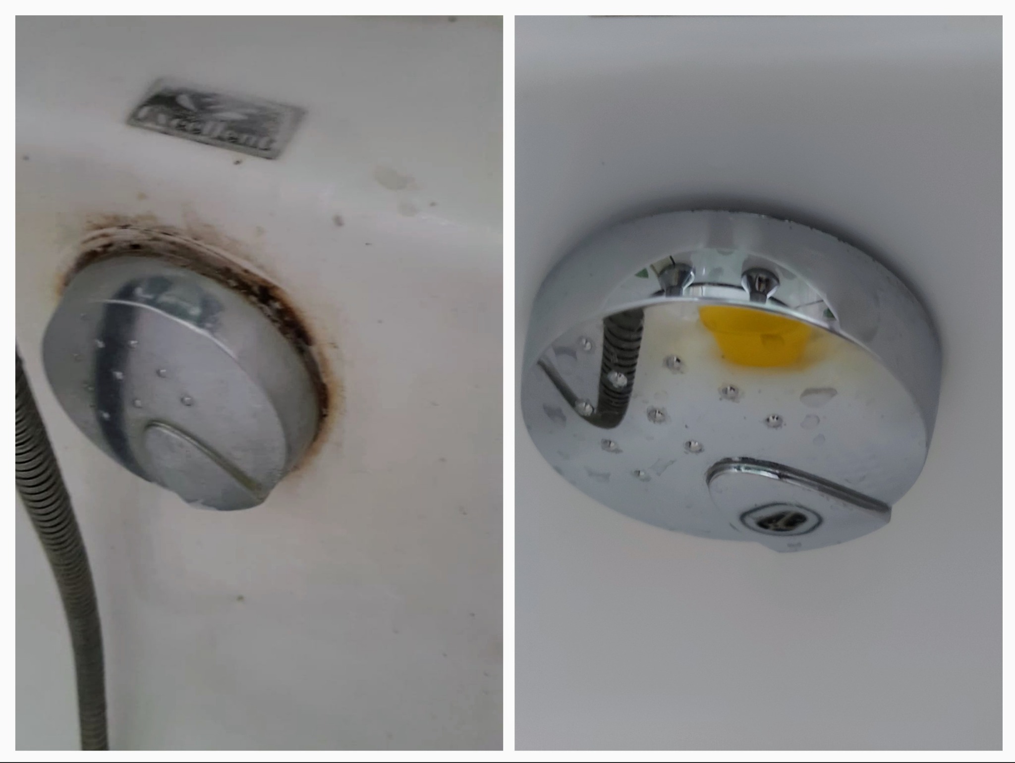 Zdjęcie 'przed i po' czyszczenia chromowanej armatury wanny z osadów i zabrudzeń. Po lewej: widoczny brudny element. Po prawej: ten sam element po czyszczeniu, lśniący.