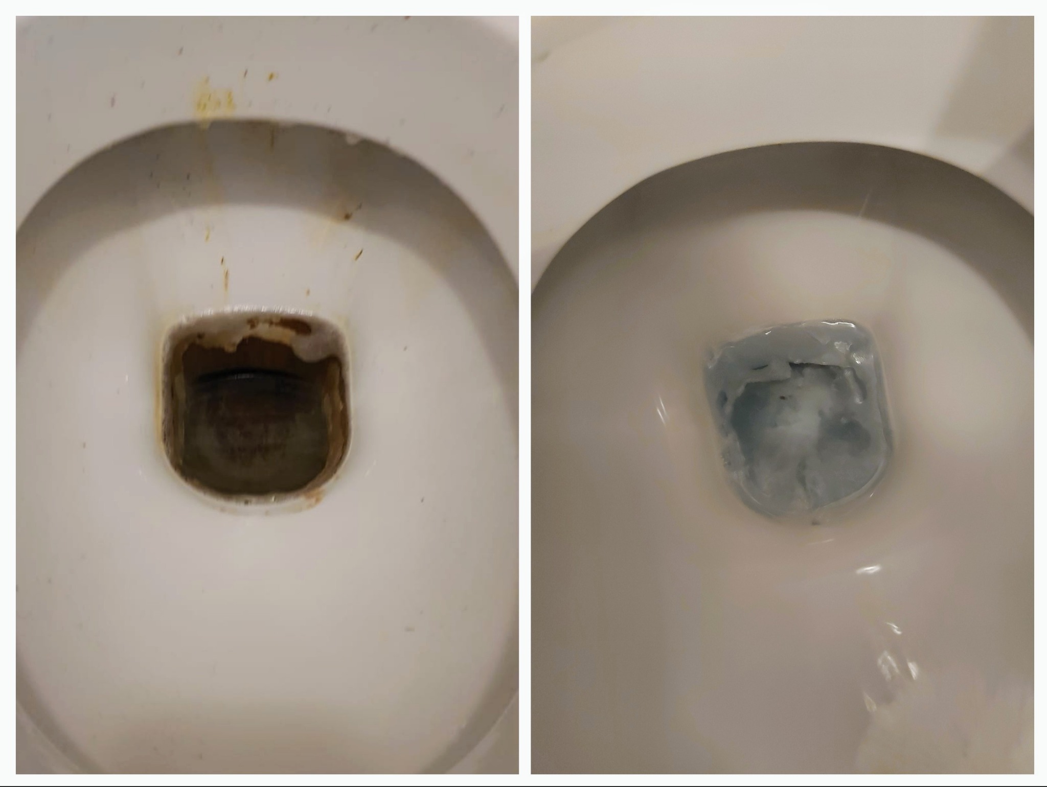 Zdjęcie typu 'przed i po' przedstawia białą muszlę klozetową. Po lewej stronie widoczny silny brud i osad, po prawej czysta muszla z kostką toaletową.