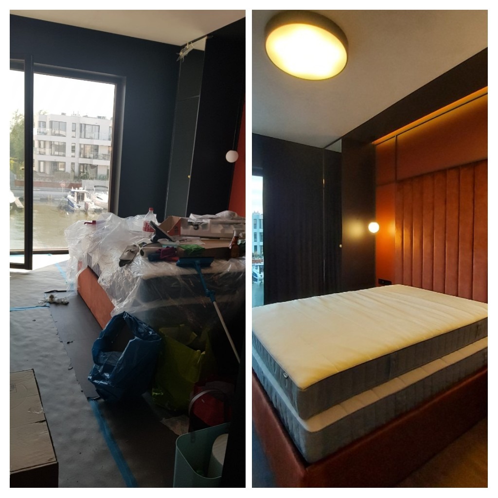 Pokój przed i po remoncie: bałagan z folią ochronną i narzędziami vs. czyste, gotowe łóżko z tapicerowanym zagłówkiem i widokiem na kanał.