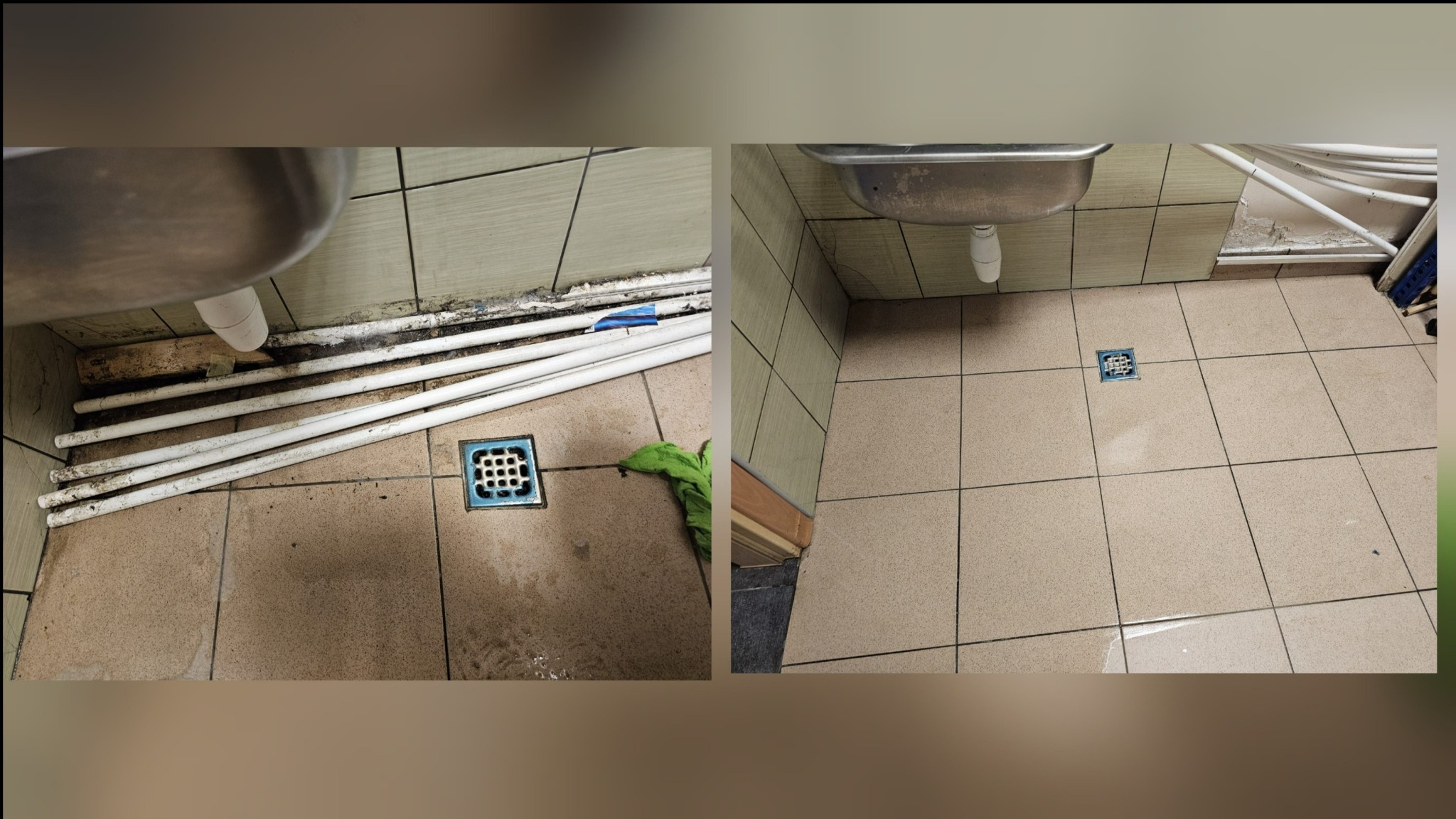 Zdjęcie 'przed i po' czyszczenia podłogi w łazience. Po lewej: brudna podłoga z rurami i zieloną szmatką. Po prawej: czysta podłoga z odpływem i umywalką.