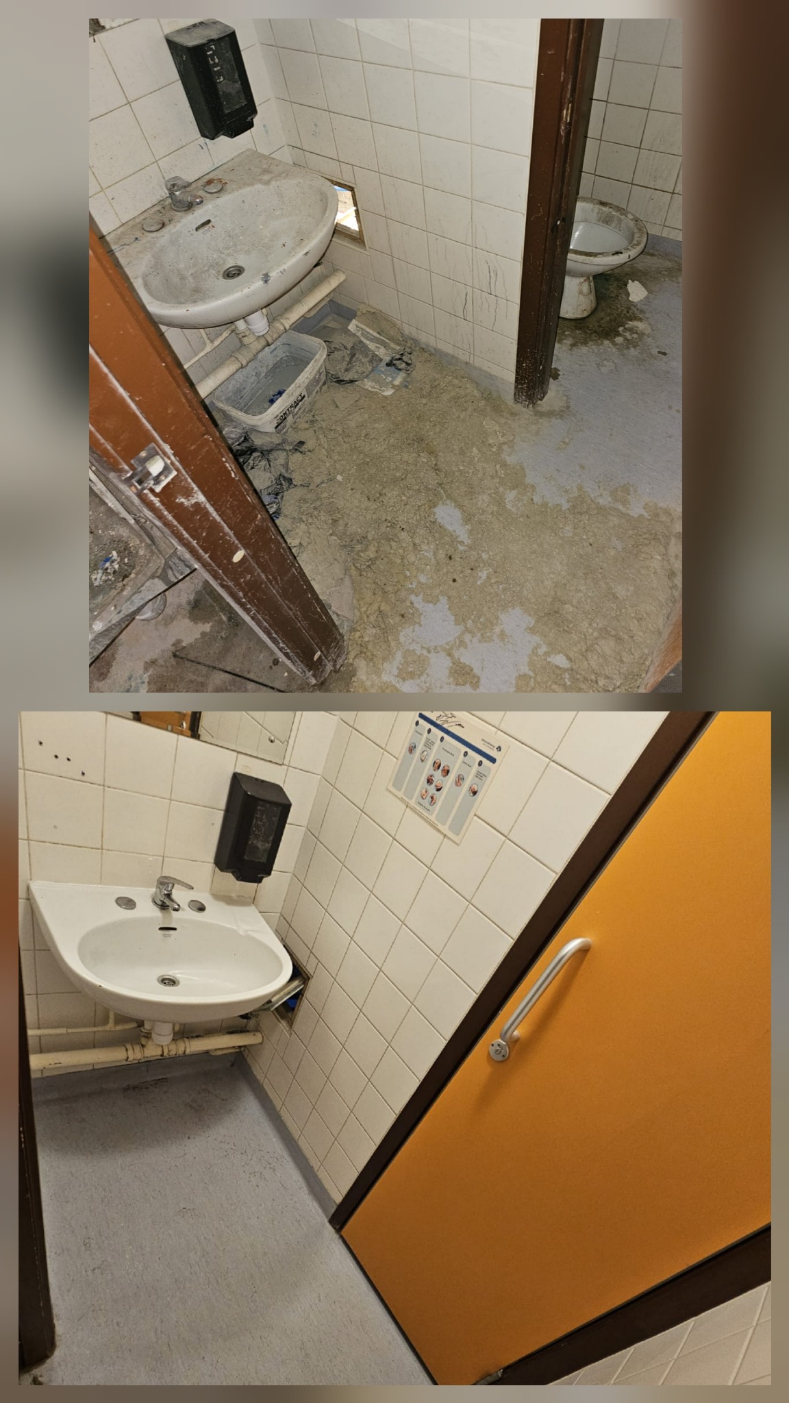 Zdjęcie łazienki publicznej przed i po sprzątaniu. Widoczne zabrudzenia na podłodze, umywalce i toalecie, a następnie czysta umywalka, podłoga i ściany.