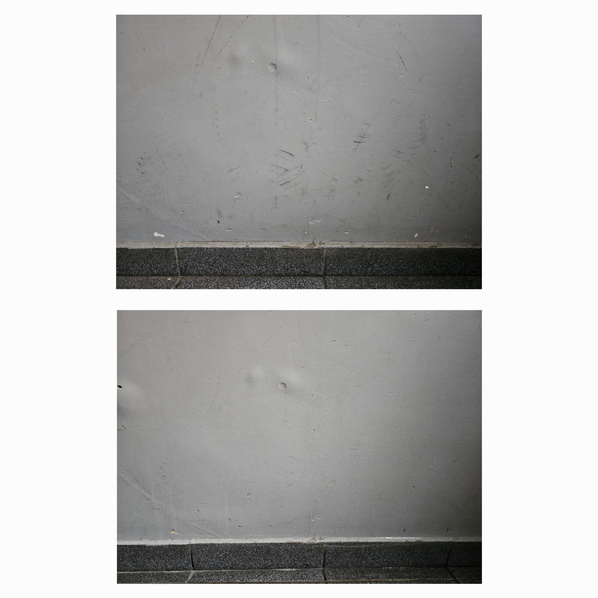Dwa ujęcia szarej ściany z ciemną listwą przypodłogową. Widoczne ślady zabrudzeń i uszkodzeń na ścianie. Tekstura ściany nierówna, z widocznymi rysami i plamami.
