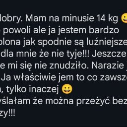 V Personal - Tekst od zadowolonej klientki dietetyka: 'Mam na minusie 14 kg. Jestem bardzo zadowolona, jak spodnie są luźniejsze. Ważne, że nie tyję! Jem to, co lubię, tylko inaczej.'