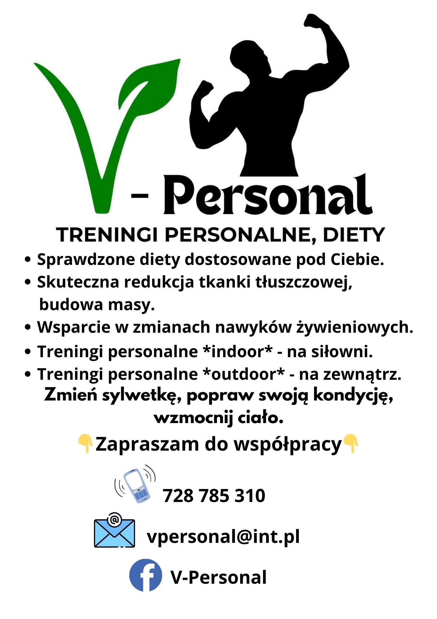 Logo V-Personal: sylwetka sportowca, zielony liść, tekst o treningach personalnych i dietach, kontakt. Oferta redukcji tkanki tłuszczowej i budowy masy.