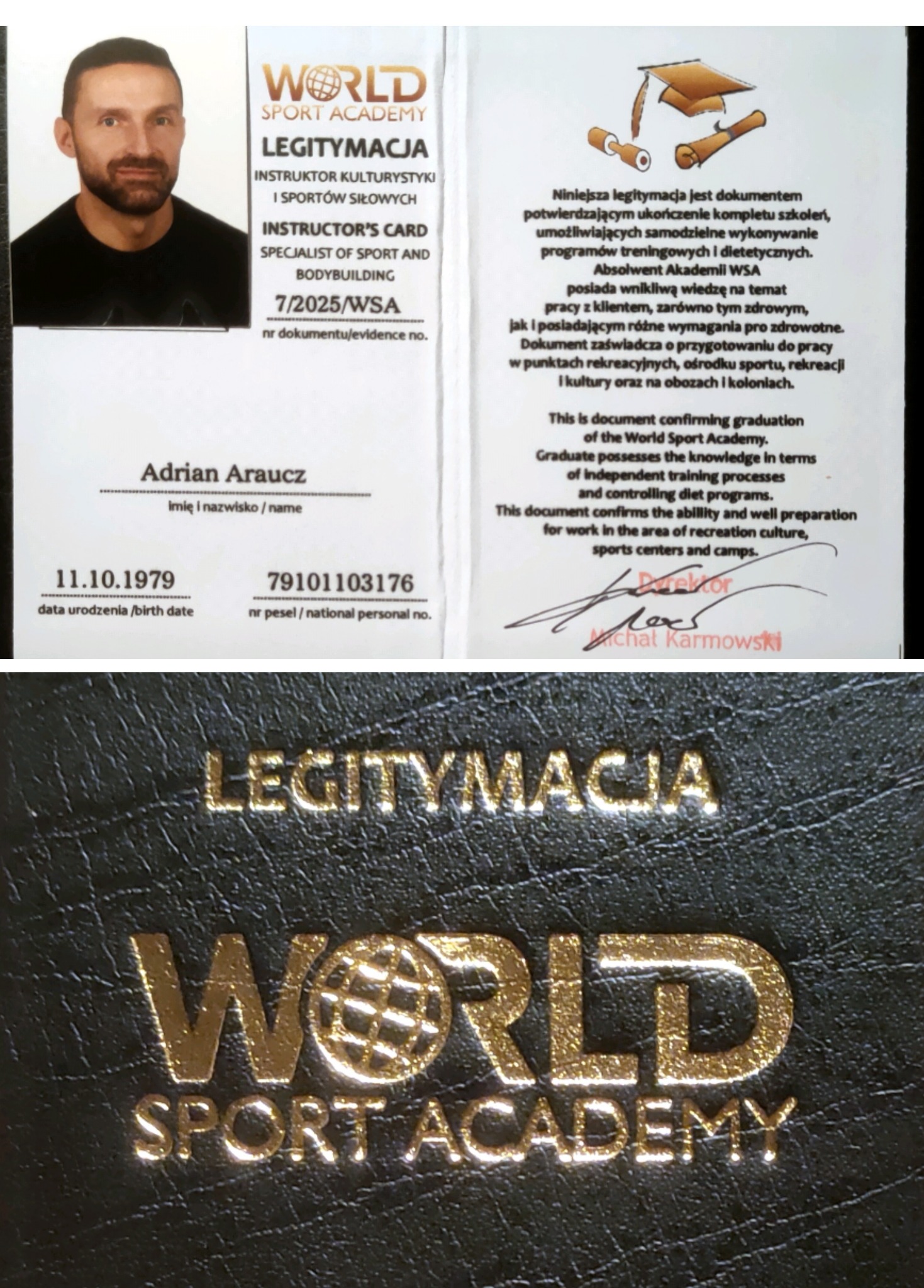Legitymacja instruktora kulturystyki i sportów siłowych World Sport Academy, potwierdzająca ukończenie szkoleń z programów treningowych i dietetycznych, z danymi osobowymi.