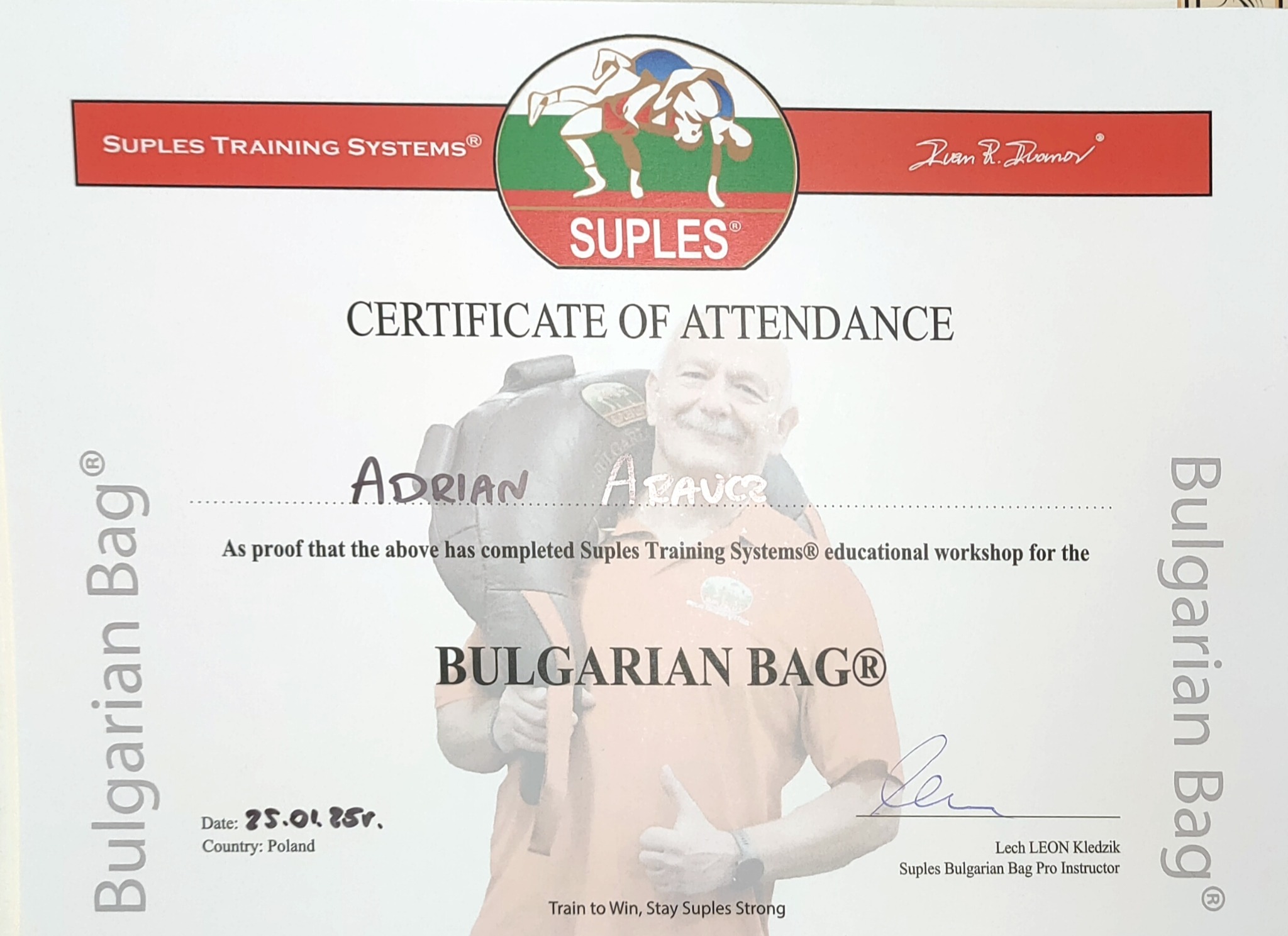 Certyfikat ukończenia warsztatów Suples Training Systems z Adrianem Alauczem, instruktorem Lech LEON Kledzik, z użyciem Bulgarian Bag. Data 25.01.25r, Polska.