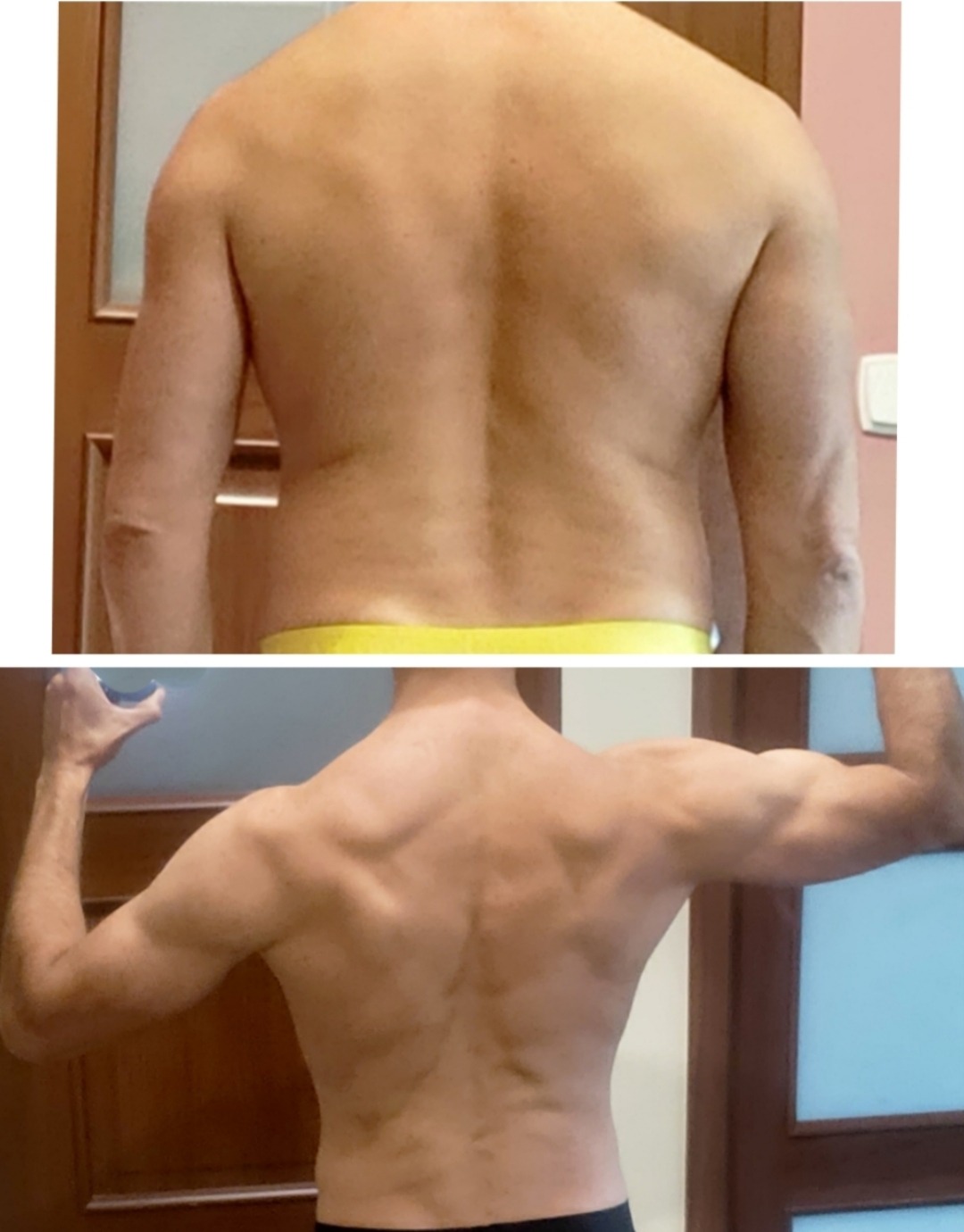 Męska sylwetka przed i po: widoczna redukcja tkanki tłuszczowej i wzrost masy mięśniowej pleców oraz ramion. Efekt diety i ćwiczeń.