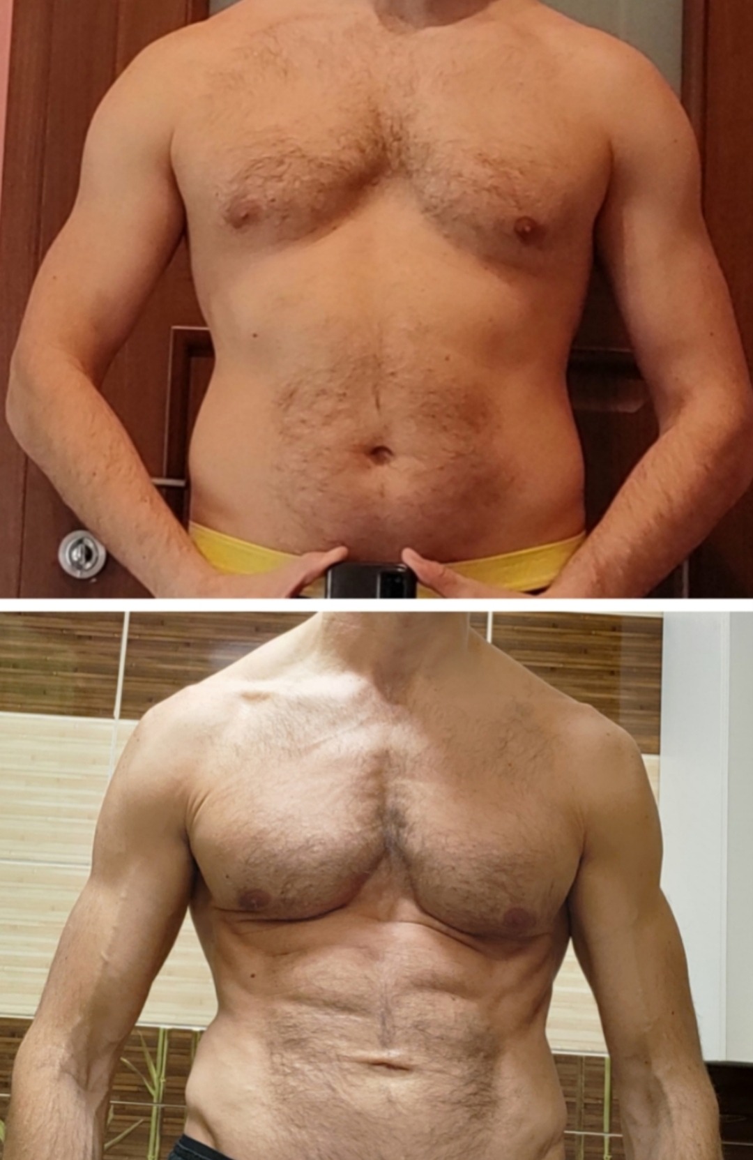 Męska sylwetka przed i po zmianie diety/treningu. Górna część ciała z widocznym brzuchem i dolna część ciała z zarysowanymi mięśniami. Efekt wizualny przemiany.