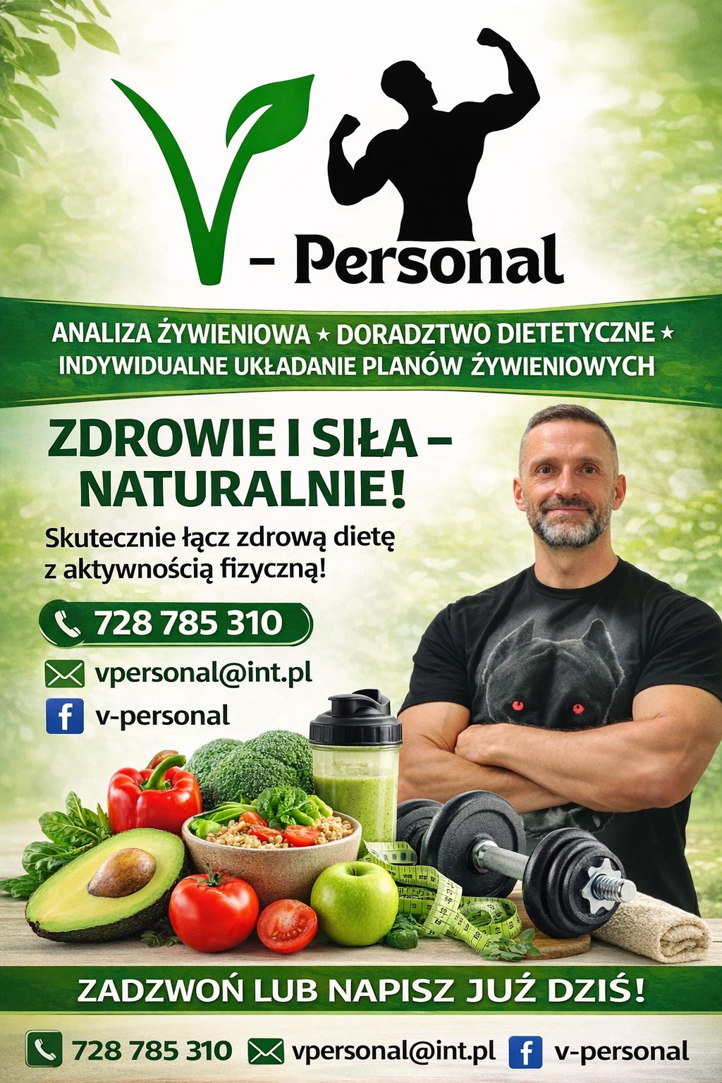 Plakat z ofertą: analiza żywieniowa, porady, plany żywieniowe. Zdjęcie trenera, warzyw, owoców, koktajlu, hantli i miarki. Kontakt telefoniczny i mailowy.