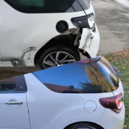 Biały samochód po kolizji z uszkodzonym tyłem po lewej i ten sam model po naprawie po prawej, na trawie. Widoczne detale felg i lamp.