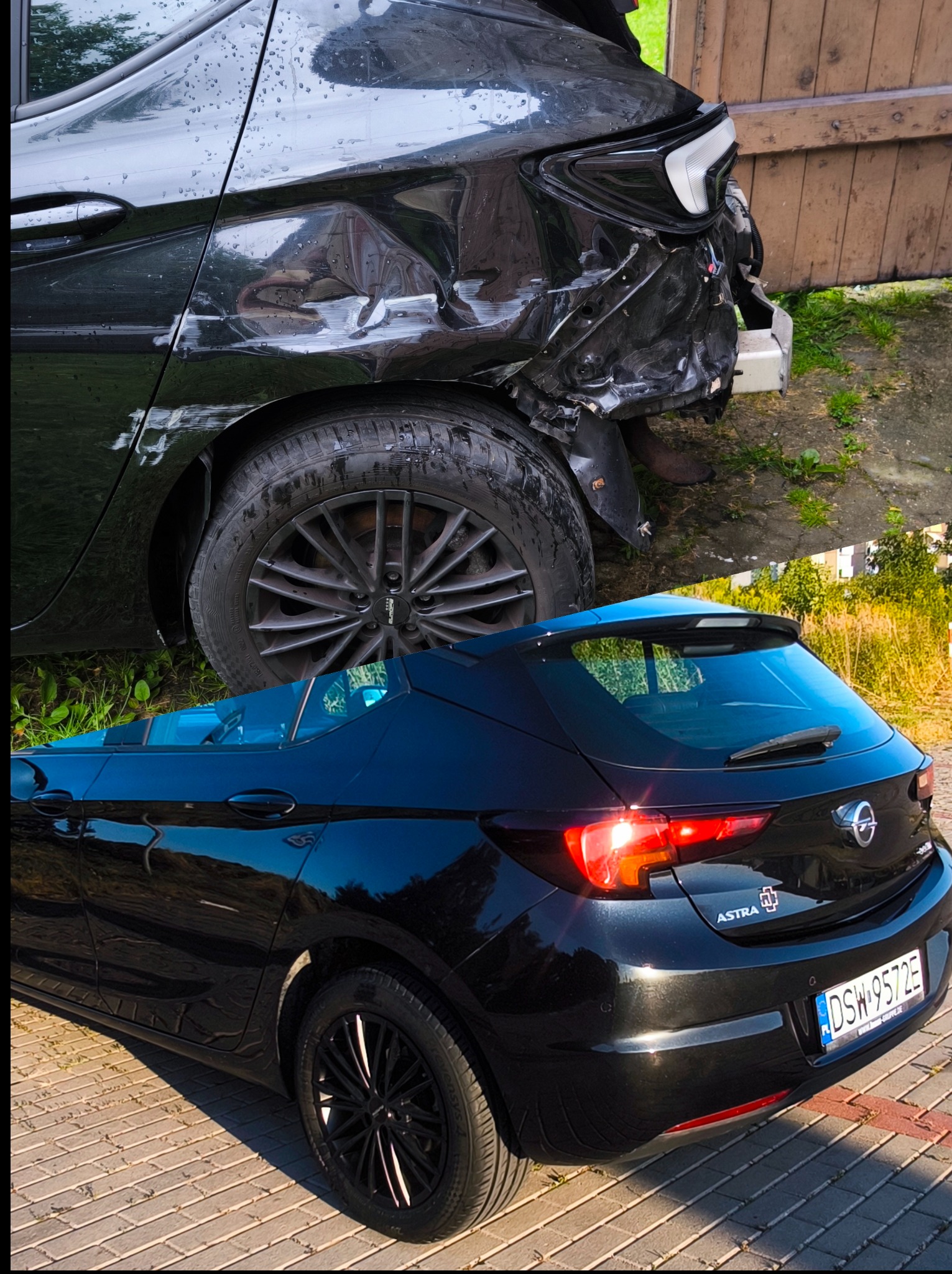 Czarne auto Opel Astra: górna część zniszczona po kolizji, widoczne wgniecenia i uszkodzenia, dolna część po naprawie, błyszcząca karoseria, czyste felgi.