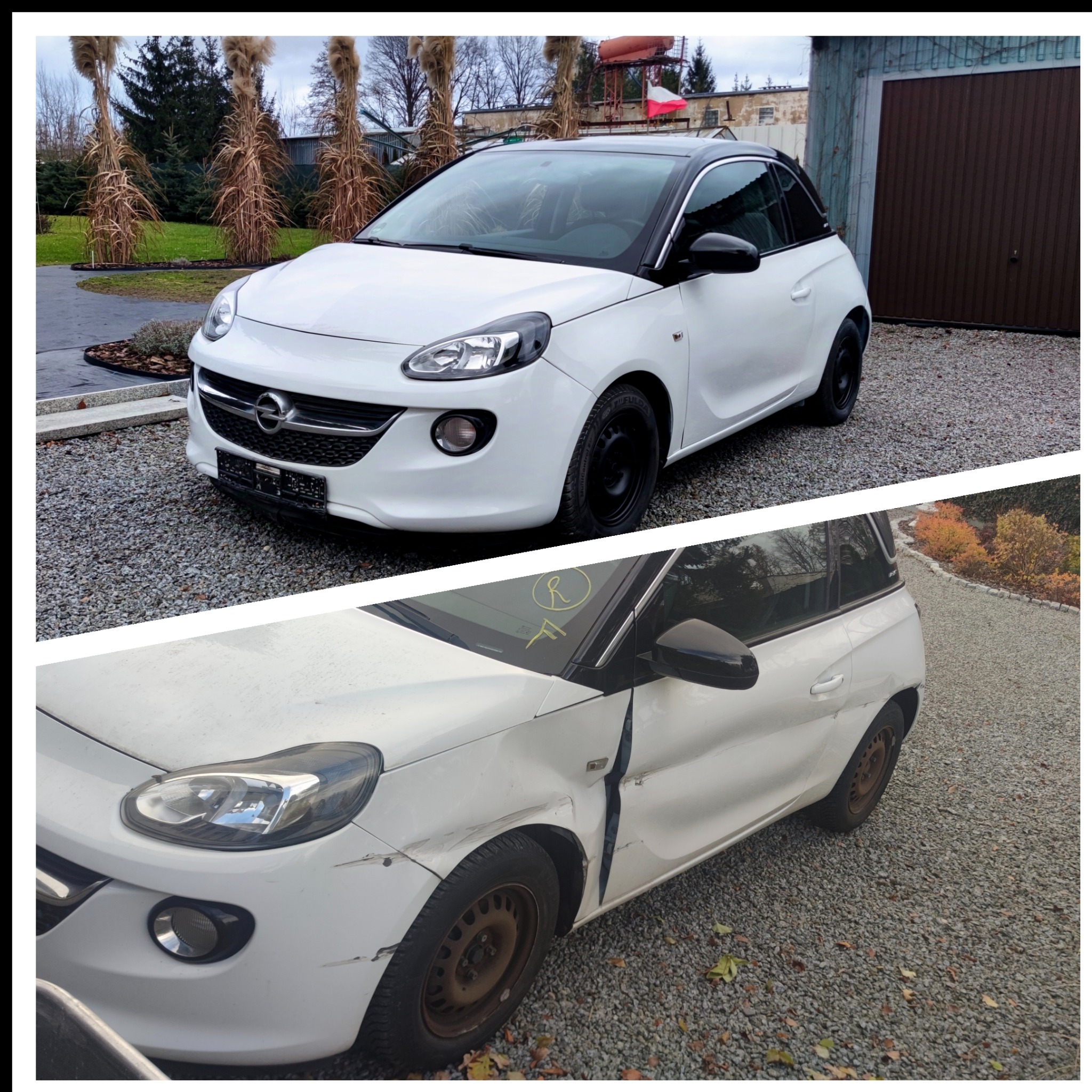 Opel Adam: widok przed i po naprawie blacharskiej. Górny kadr: auto po naprawie, czyste, na czarnych felgach. Dolny kadr: uszkodzone auto przed naprawą.