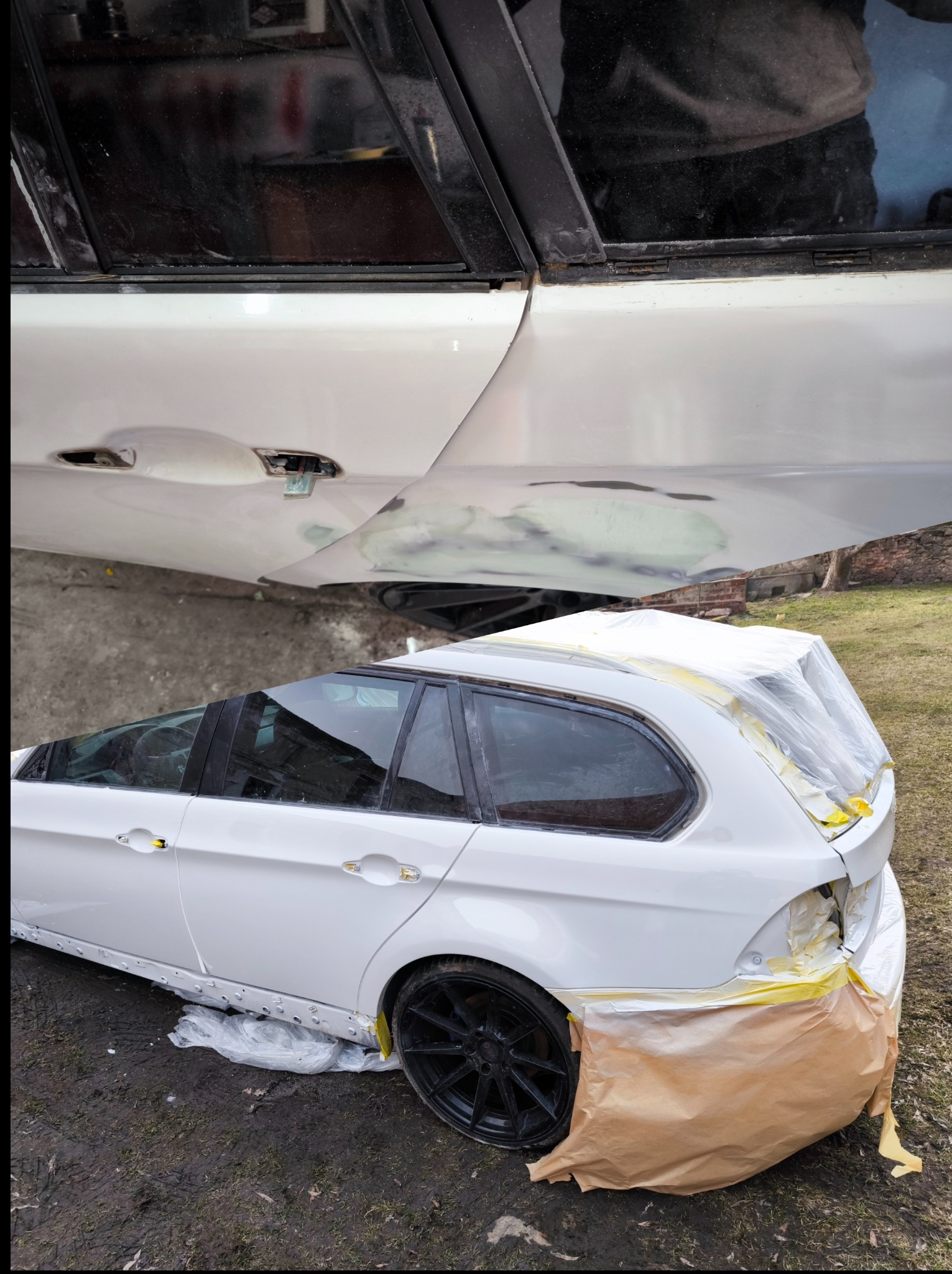 Białe kombi w trakcie naprawy blacharskiej: fragmenty karoserii z nałożoną szpachlą, zabezpieczone folią i papierem przed lakierowaniem. Widoczne czarne felgi.