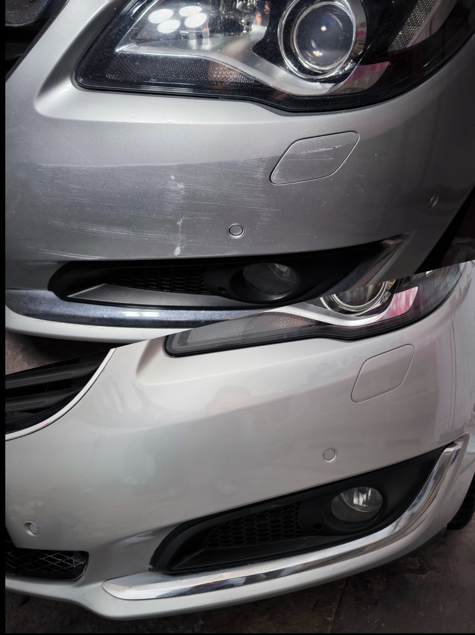 Zestawienie stanu przed i po lakierowaniu: zarysowany, srebrny zderzak samochodu po naprawie prezentuje się gładko i lśniąco. Widoczna lampa i fragment grilla.