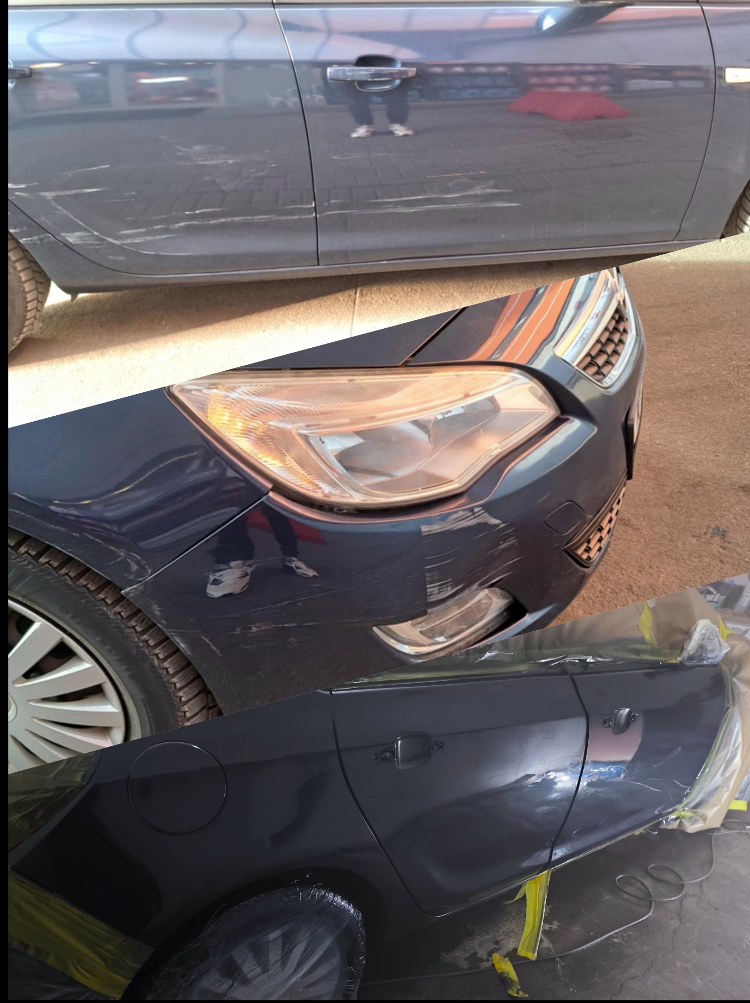 Kolaż: uszkodzony bok auta zarysowania, przód auta zarysowania i bok auta po naprawie, zabezpieczony folią. Widoczne opony i felgi.