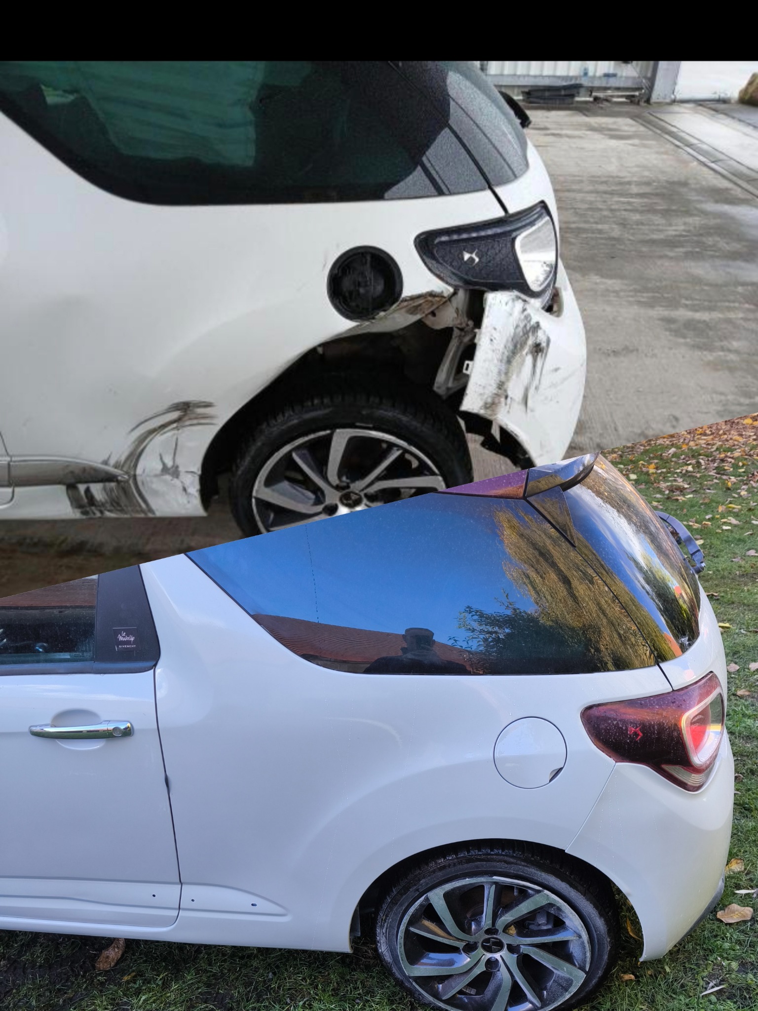 Biały samochód po kolizji z uszkodzonym tyłem po lewej i ten sam model po naprawie po prawej, na trawie. Widoczne detale felg i lamp.