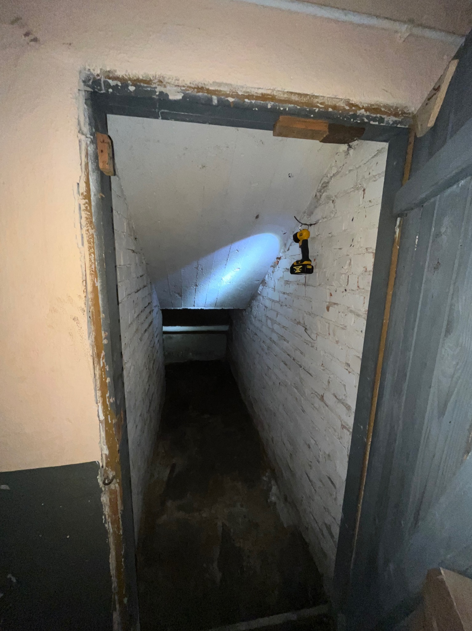 Wejście do piwnicy z oświetleniem roboczym przymocowanym do ściany. Widoczne białe cegły i drewniane elementy konstrukcyjne. Perspektywa zagłębiająca się w ciemność.