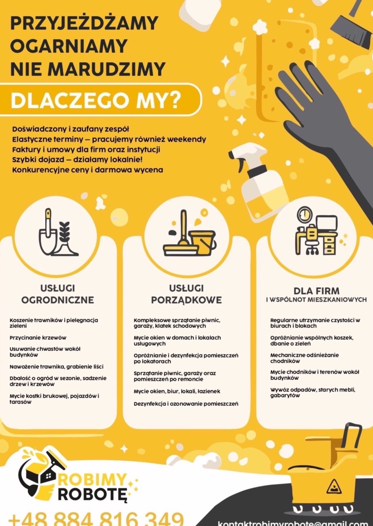 Grafika reklamowa firmy oferującej usługi ogrodnicze, porządkowe i dla firm. Żółte tło, ikony i tekst. Oferta obejmuje koszenie trawy, mycie okien i sprzątanie biur.