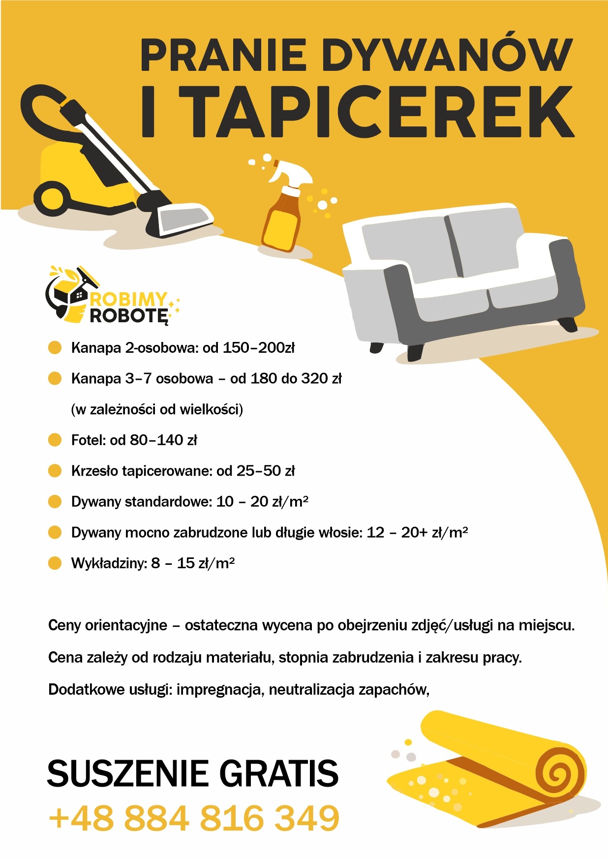 Grafika z ofertą prania dywanów i tapicerek w Głownie. Ilustracja przedstawia odkurzacz, kanapę, dywan i cennik usług. Suszenie gratis, numer telefonu.