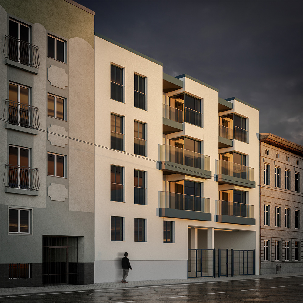 Nowoczesny budynek wielorodzinny z balkonami i dużymi oknami, kontrastujący z sąsiednią, starszą zabudową w pochmurny dzień. Minimalistyczna architektura.