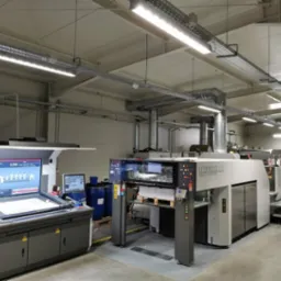 Nowoczesna maszyna offsetowa Lithrone w hali drukarni, z kontrolnym stanowiskiem komputerowym i zapasem papieru. Oświetlenie sufitowe, przemysłowe otoczenie.