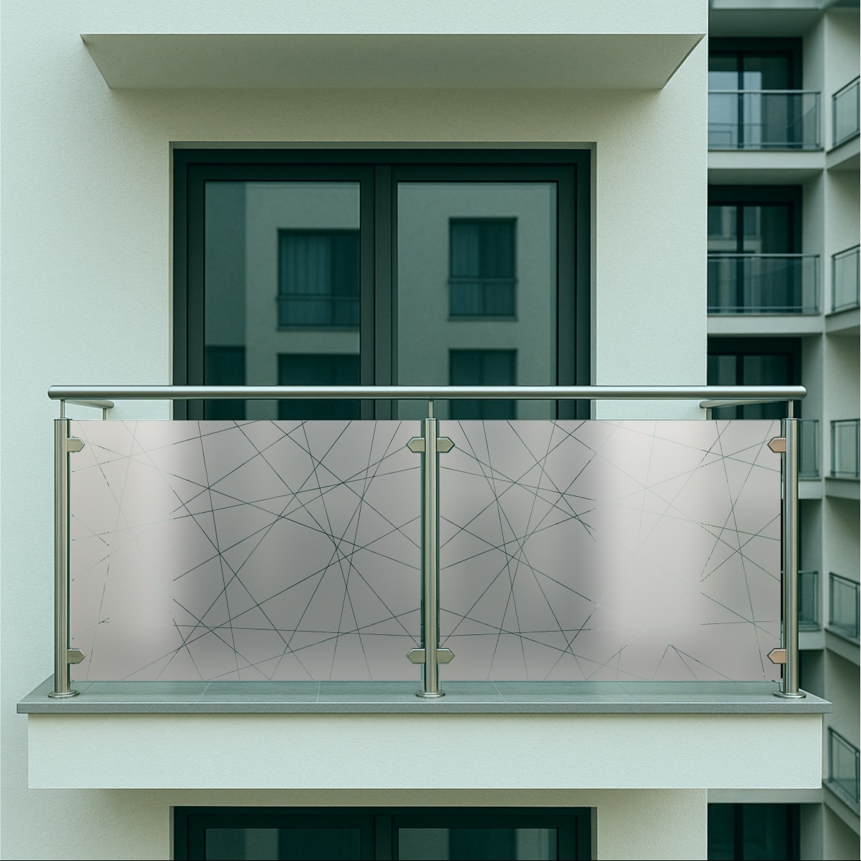 Nowoczesna szklana balustrada balkonowa z geometrycznym wzorem, stalowe słupki, minimalistyczny design, widok z zewnątrz, jasna elewacja budynku.