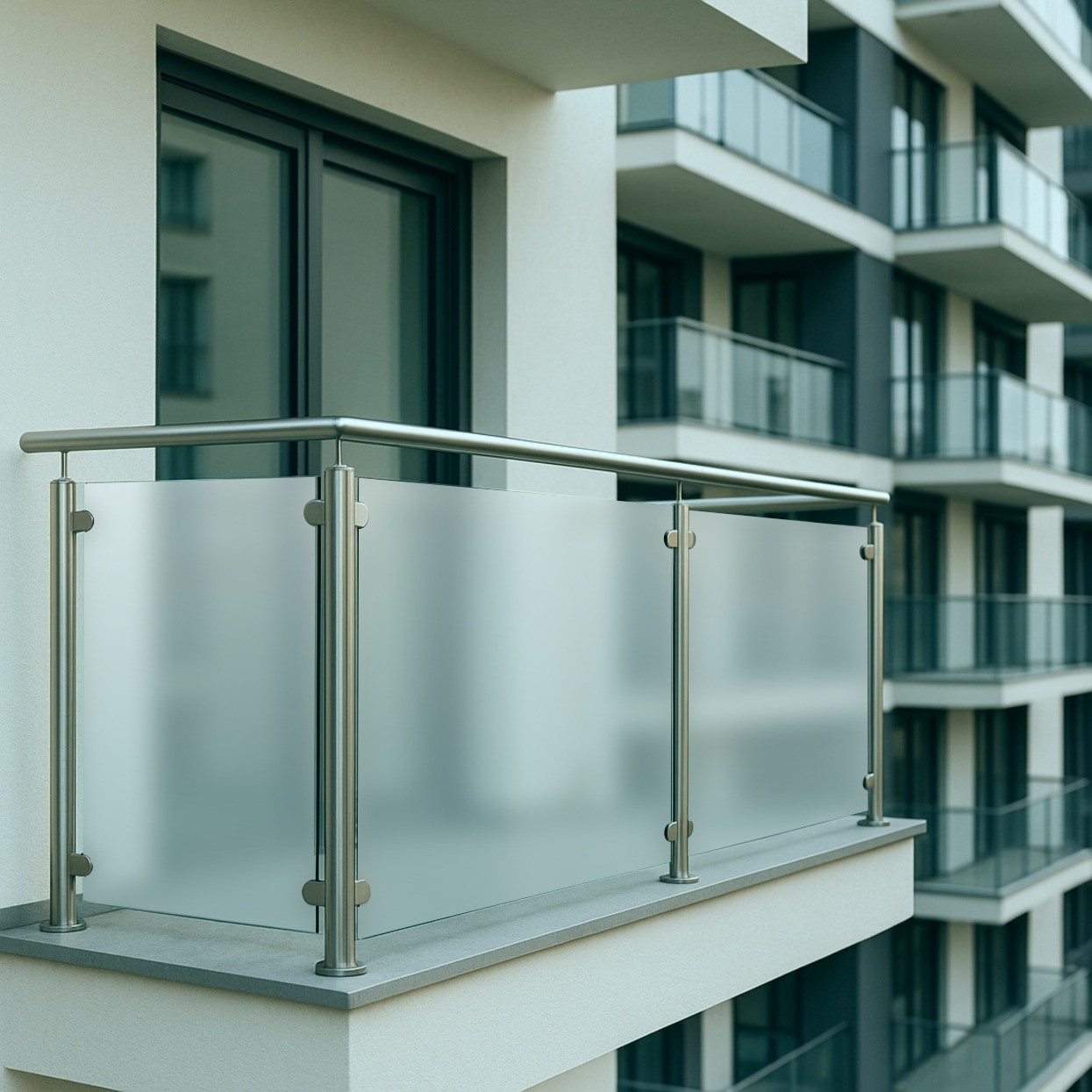 Nowoczesny balkon z matowym szkłem i stalowymi balustradami w apartamentowcu. Minimalistyczny design, jasna kolorystyka. Widok z zewnątrz na elewację budynku.