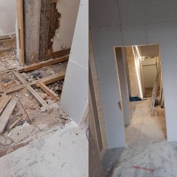 Holhauser - Remont mieszkania: widok przed i po. Po lewej usunięta podłoga i gruz, po prawej ściany z płyt karton-gips, przygotowane do dalszych prac wykończeniowych.