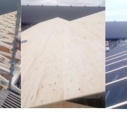 Holhauser - Trzy kadry z budowy dachu: konstrukcja drewniana, płyta OSB i membrana izolacyjna Mataki. Widok z góry na różnych etapach prac.