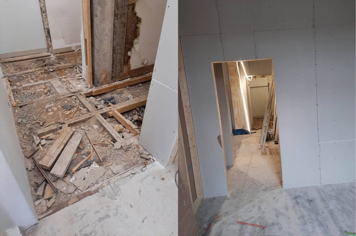 Remont mieszkania: widok przed i po. Po lewej usunięta podłoga i gruz, po prawej ściany z płyt karton-gips, przygotowane do dalszych prac wykończeniowych.