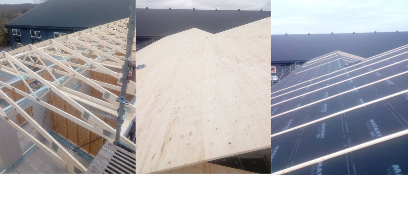 Trzy kadry z budowy dachu: konstrukcja drewniana, płyta OSB i membrana izolacyjna Mataki. Widok z góry na różnych etapach prac.