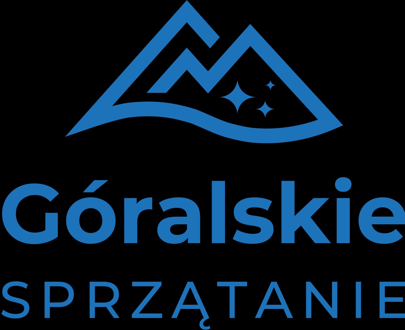 Niebieskie logo firmy sprzątającej na czarnym tle z motywem górskim i gwiazdami, nazwa firmy: Góralskie Sprzątanie.
