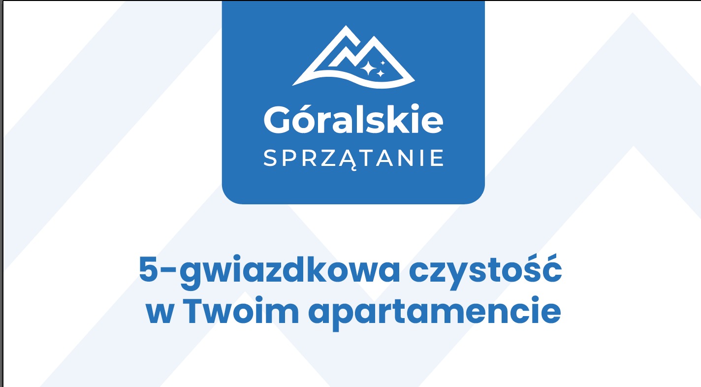 Grafika reklamowa: logo firmy 'Góralskie Sprzątanie' z hasłem '5-gwiazdkowa czystość w Twoim apartamencie' na białym tle z subtelnymi, jasnoniebieskimi wzorami.