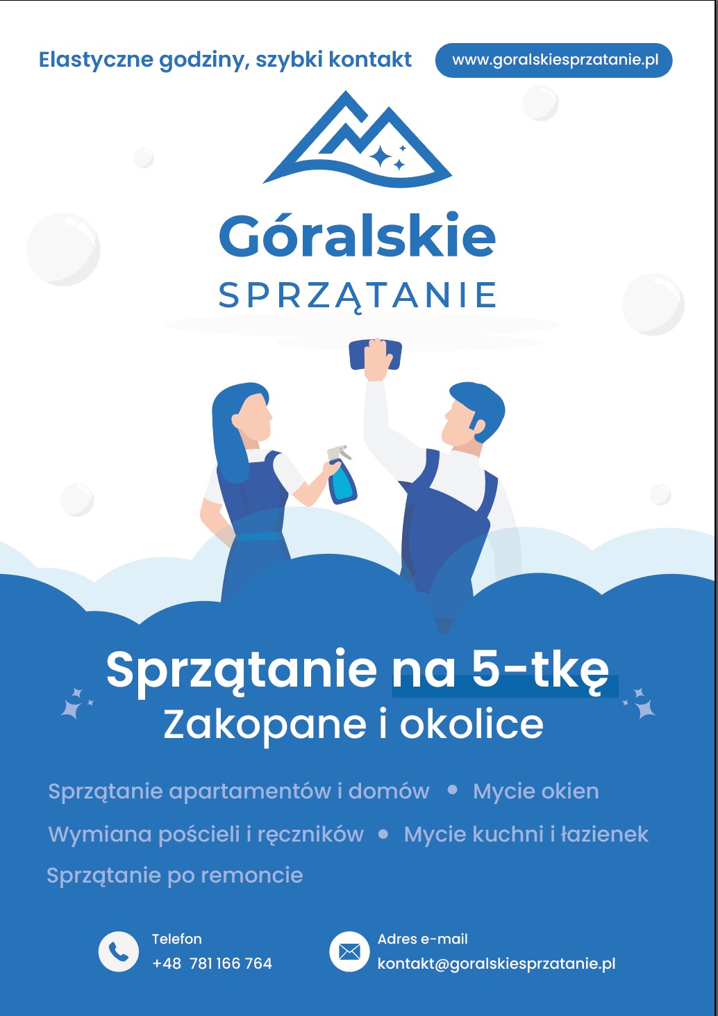 Grafika reklamowa firmy sprzątającej z Zakopanego. Stylizowane postacie sprzątają, logo firmy z górskim motywem, hasło: Sprzątanie na 5-tkę Zakopane i okolice.