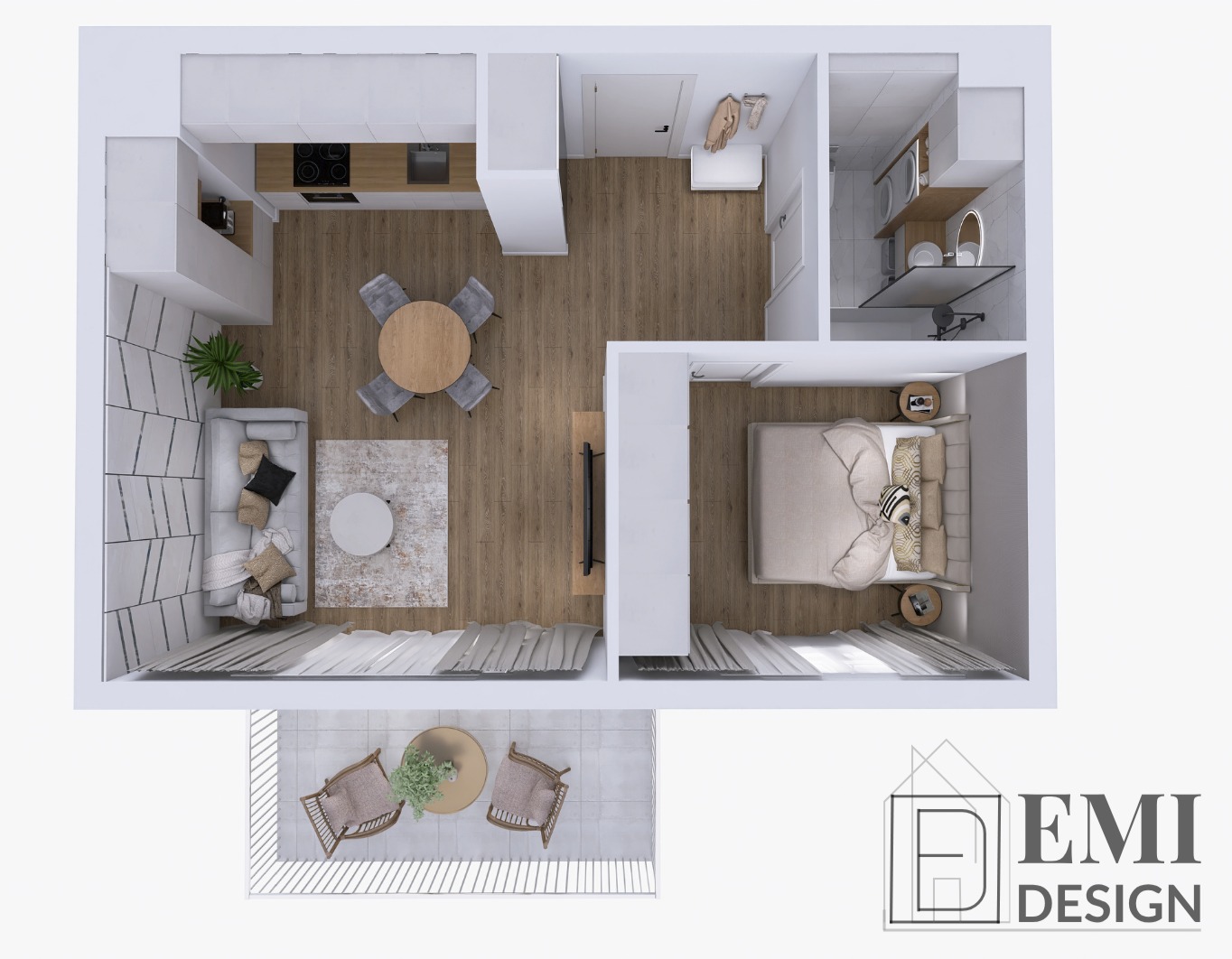 Widok z góry na plan mieszkania: salon z sofą, kuchnia z jadalnią, sypialnia i łazienka. Balkon z dwoma krzesłami. Całość w jasnej kolorystyce, nowoczesny styl.