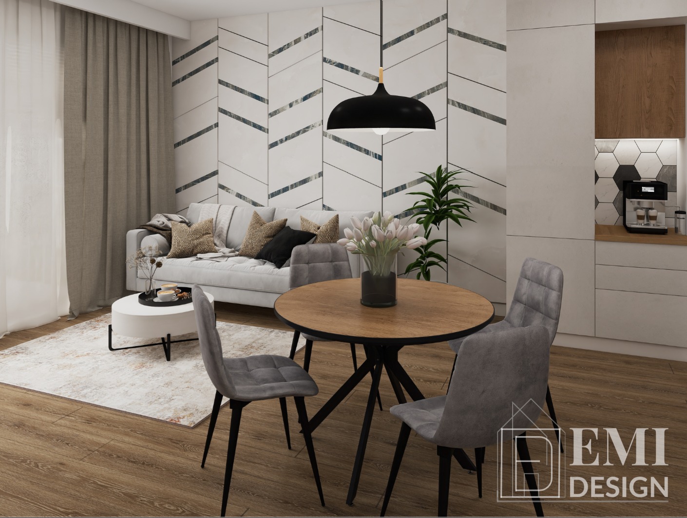 Jasne wnętrze: okrągły stół z kwiatami, szare krzesła, sofa z poduszkami, wzorzysta ściana i czarna lampa. Nowoczesny salon z elementami drewna i roślin.