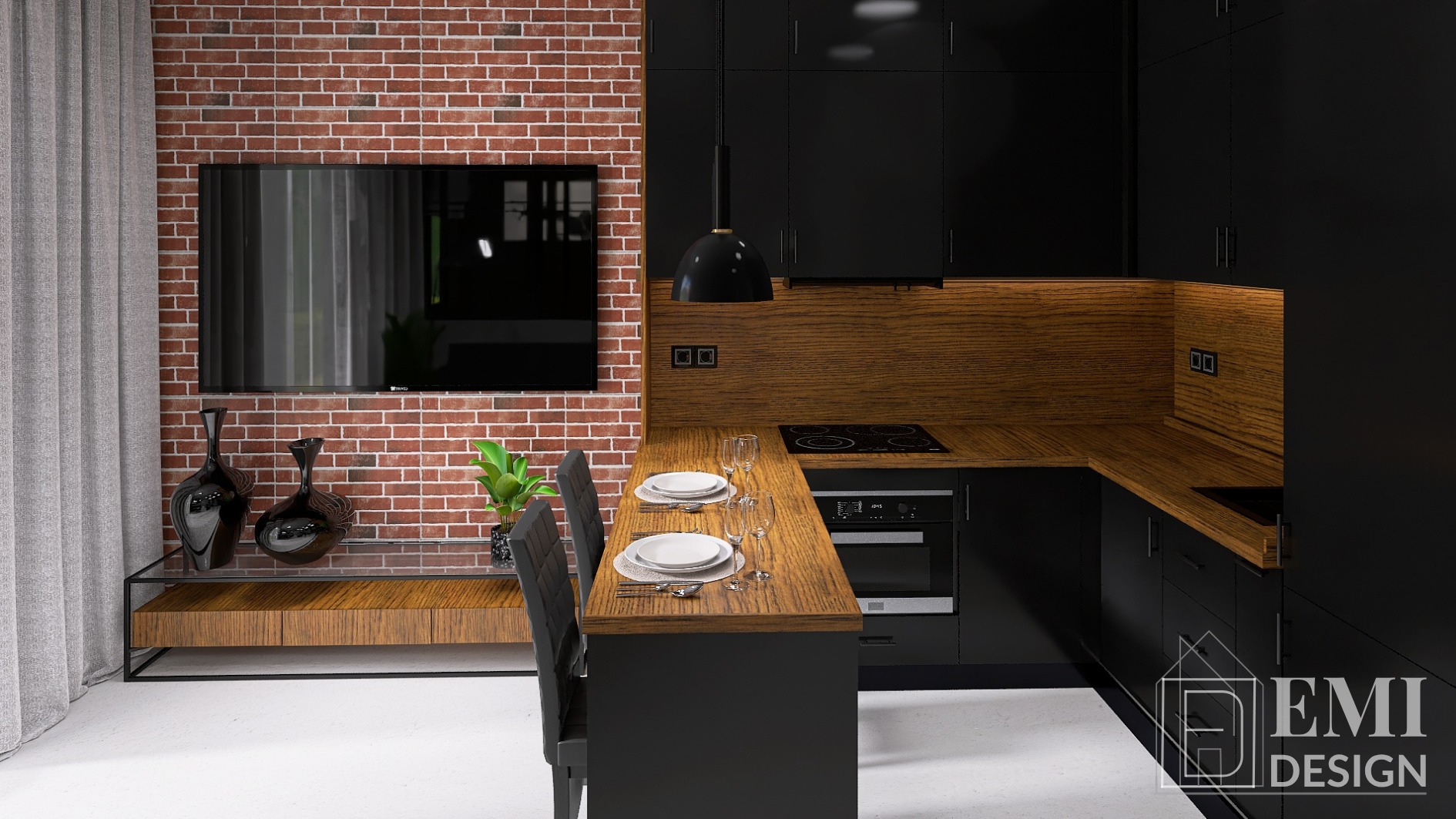 Ciemna kuchnia z ceglaną ścianą i drewnianymi blatami. Stół z nakryciem dla dwóch osób. Na ścianie telewizor. Nowoczesny design z nutą industrialnego stylu.