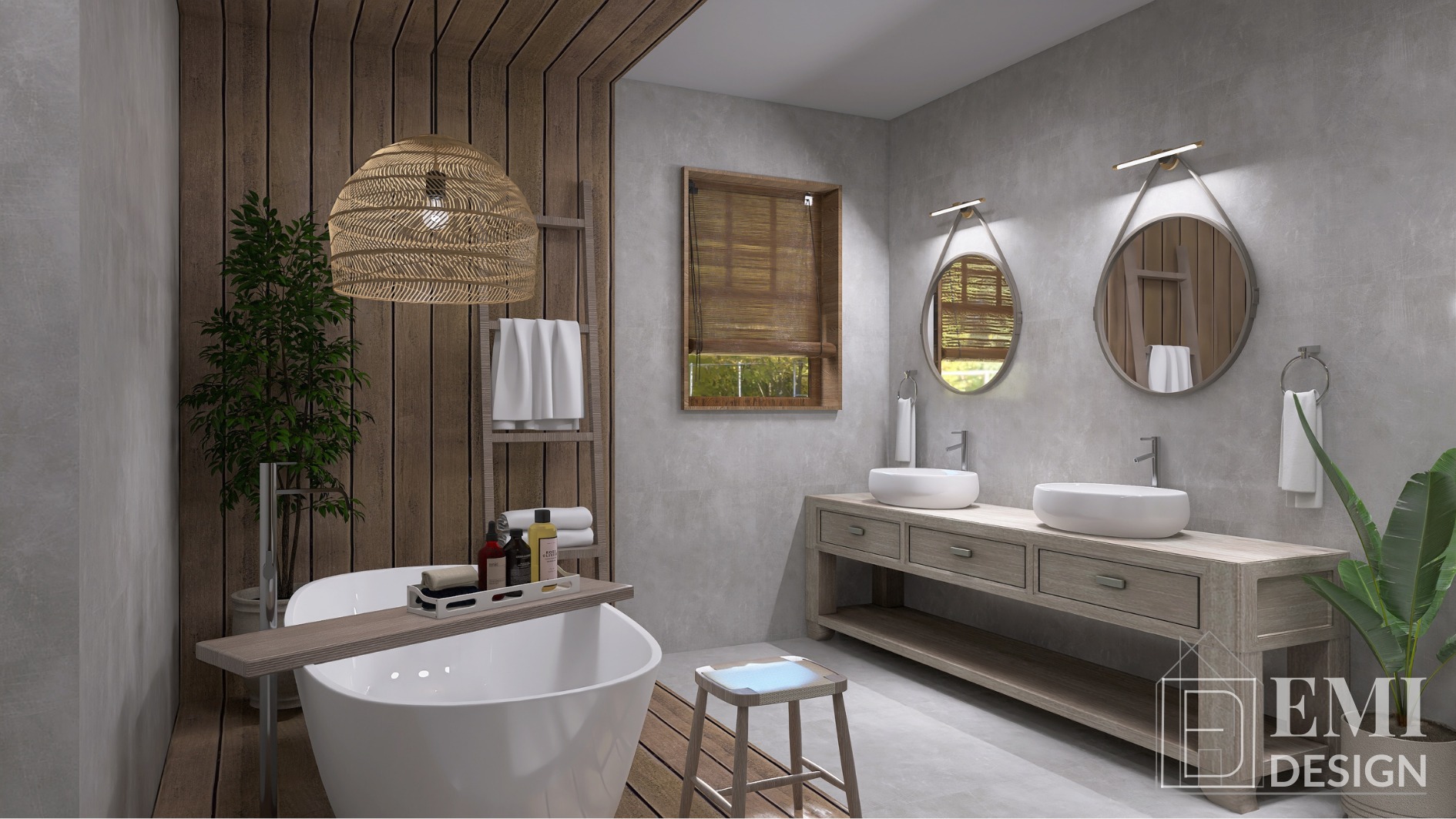 Wizualizacja łazienki w stylu boho z drewnianymi akcentami: lamelami, blatem pod umywalki i roletą. Okrągłe lustra, pleciona lampa i wanna wolnostojąca.