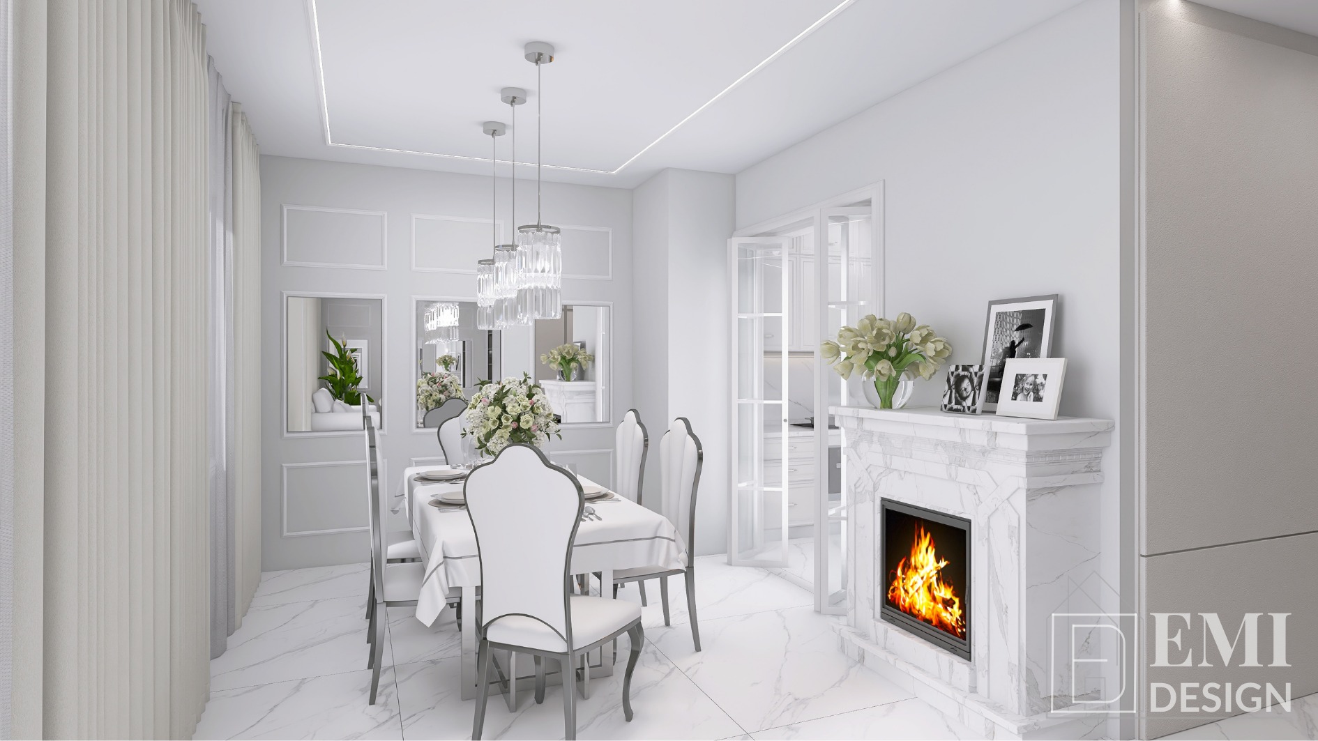 Elegancka, biała jadalnia z kominkiem i kryształowymi lampami. Stół nakryty do posiłku, marmurowe płytki na podłodze. Nowoczesny design z elementami klasycznymi.
