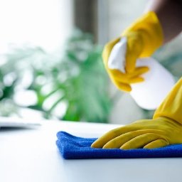 Katarzyna Bysiek - usługi sprzątające - Osoba w żółtych rękawicach czyści białą powierzchnię niebieską ściereczką i spryskiwaczem w Niedomicach. W tle widoczna roślina doniczkowa.