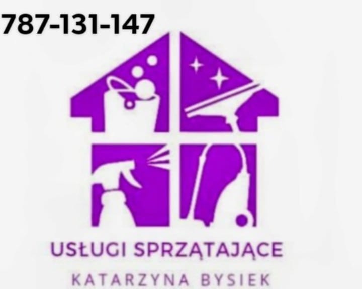 Fioletowy logotyp firmy sprzątającej: wiadro, myjka, spryskiwacz i odkurzacz w kształcie domu, z numerem telefonu i nazwą 'Usługi Sprzątające Katarzyna Bysiek'.