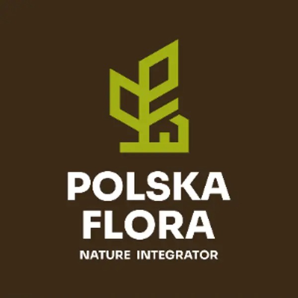 Logo firmy Polska Flora z zielonym symbolem roślinnym i hasłem 'Nature Integrator' na brązowym tle. Minimalistyczny design.