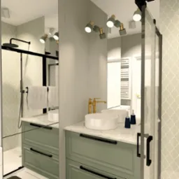 Wizualizacja łazienki z kabiną prysznicową, umywalką nablatową i szafką w odcieniach zieleni. Na ścianie mozaika w marokańskim stylu. Widoczne oświetlenie i akcesoria.