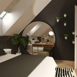 Sypialnia na poddaszu z łóżkiem, toaletką z okrągłym lustrem i roślinami. Elementy dekoracyjne w stylu minimalistycznym. Ujęcie z niskiego kąta.